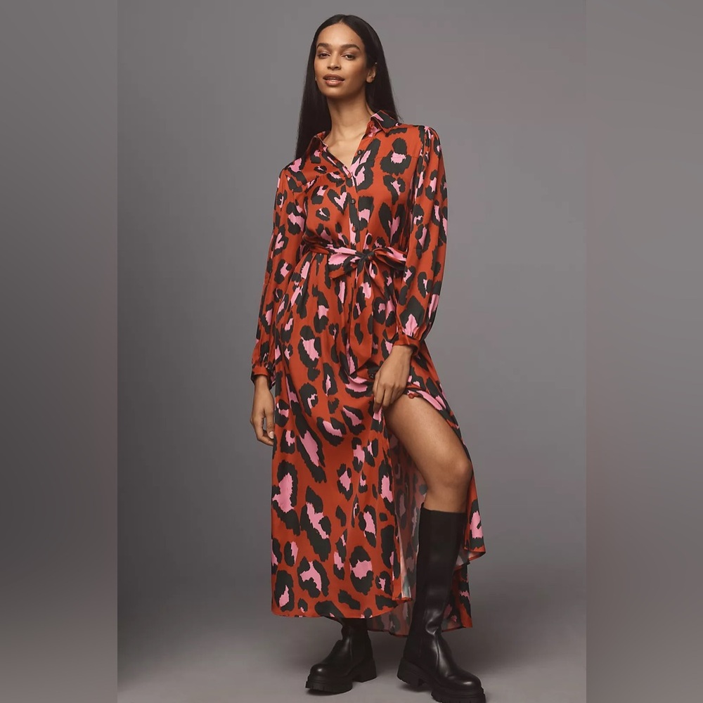 Farm Rio x Anthropologie Long-Sleeve Collared Midi Shirt Leopaes Dress